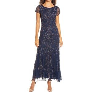 NWT Pisarro Nights Navy Beaded Mesh Column Gown Sz 12 Formal Evening Dress